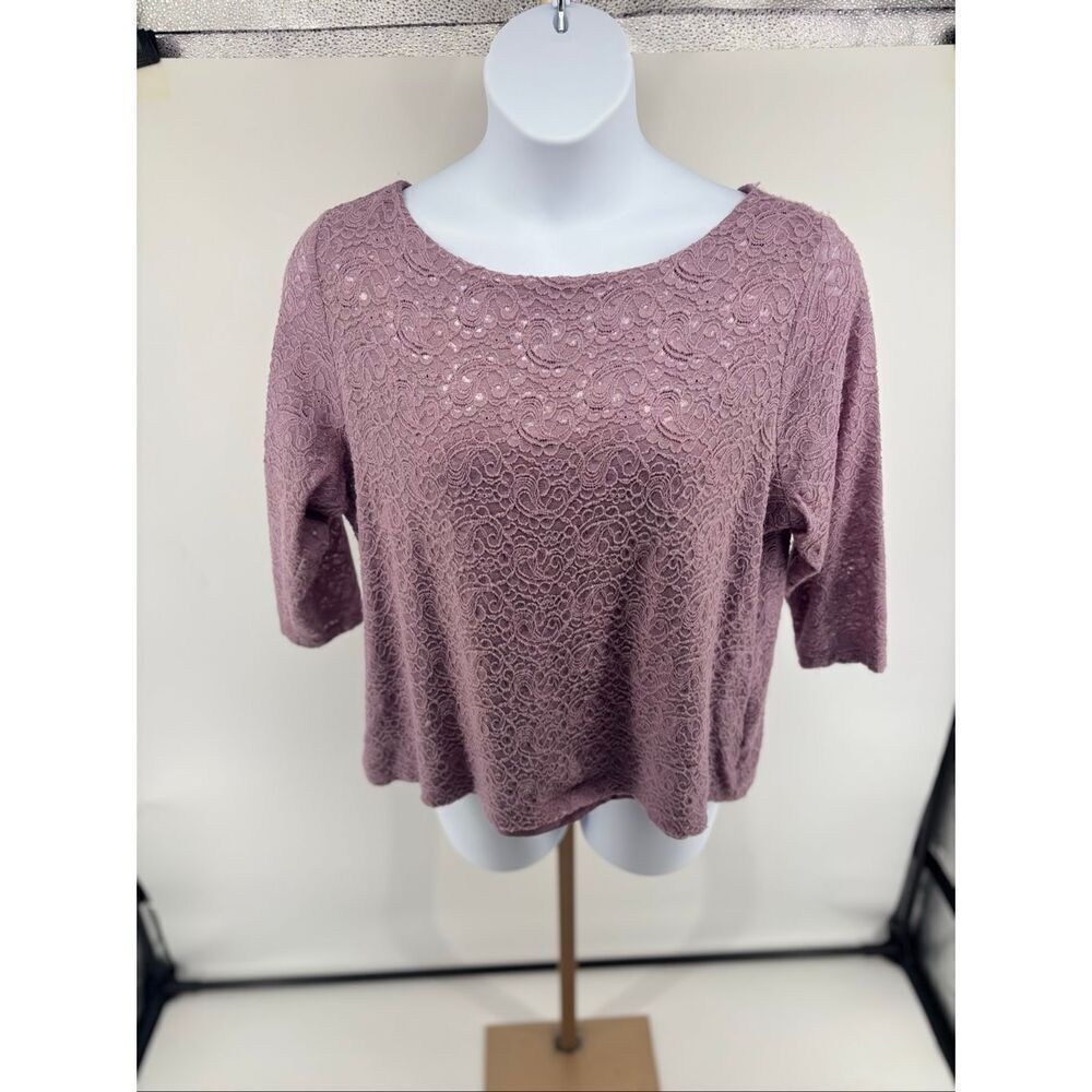 Talbots Top Womens Plus Size 2XP Purple Floral Lace Stretch 3/4 Sleeve Lined Top